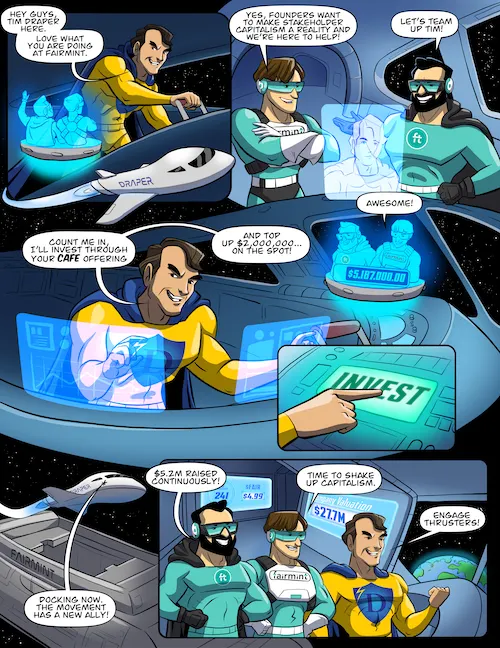 Comic strip NFT celebrating Tim Draper’s investment in Fairmint