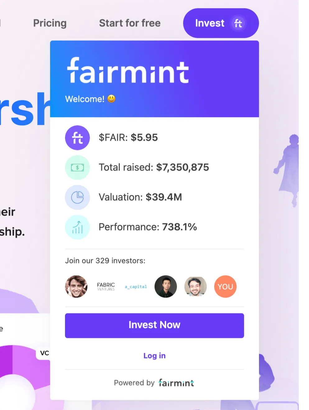 With Fairmint, a summary of a company’s valuation can be seen by anyone when they click on “Invest Now” on their website.