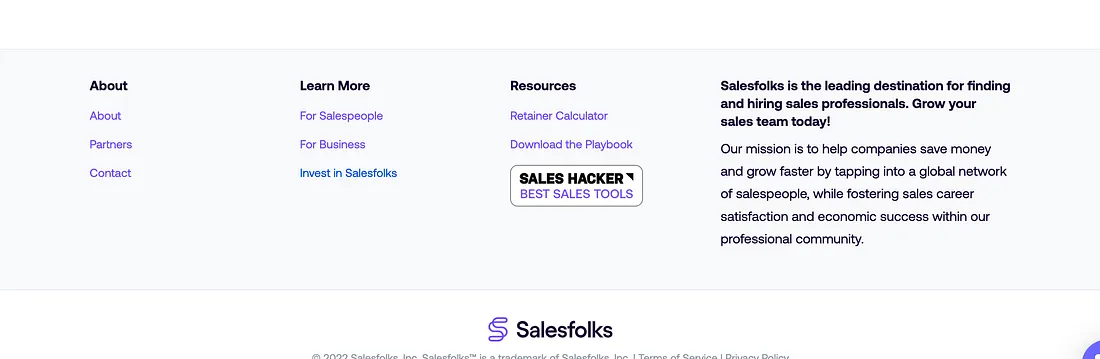 Salesfolks added an investment link in their website footer.